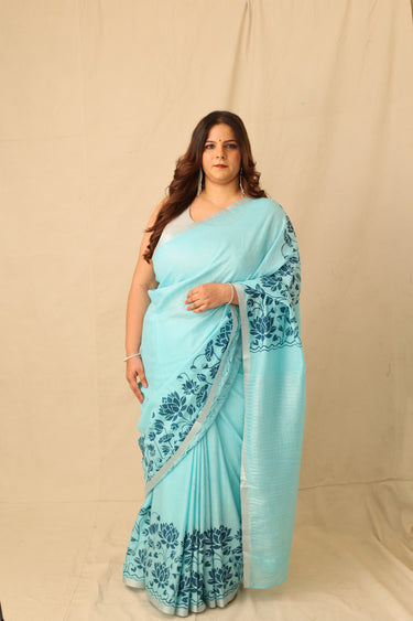 Bright Color Big lotus Border Design Hand-Stencil Printed Pure Slub Cotton Saree
